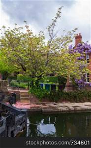 Beautiful spring scene at Rochdale Canal in Castlefield, Manchester of the canal, a traditional house and blossomed plants