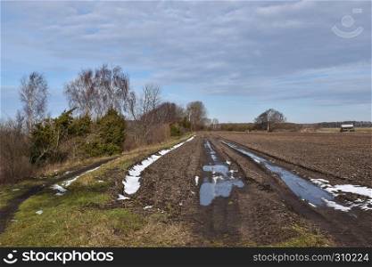 Beautiful springtime view with melting snow in a farmers field at the swedish island Oland