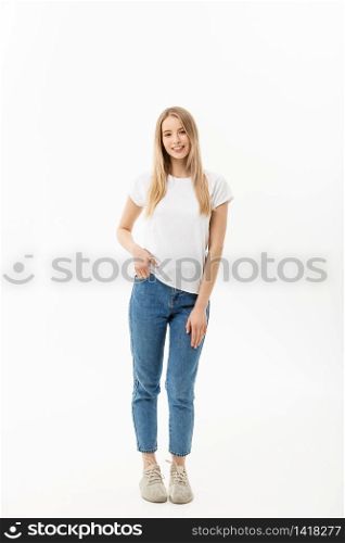 Beautiful standing woman model posing isolated on a white background.. Beautiful standing woman model posing isolated on a white background