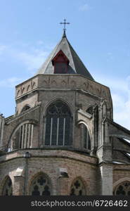 beautiful steeple, with a blue sky background