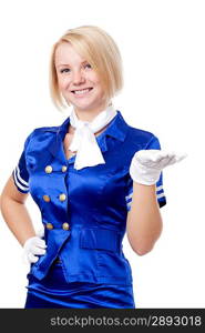 Beautiful stewardess. Holding in hand something.