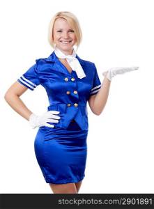 Beautiful stewardess. Holding in hand something.