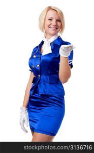 Beautiful stewardess. Holding in hand something.
