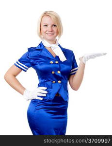 Beautiful stewardess. Holding in hand something.