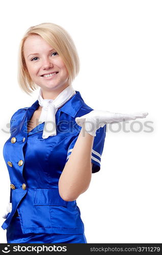 Beautiful stewardess. Holding in hand something.