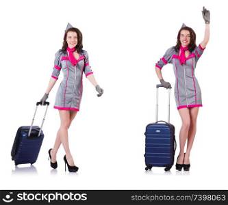 Beautiful stewardess with suitcase isolated on white