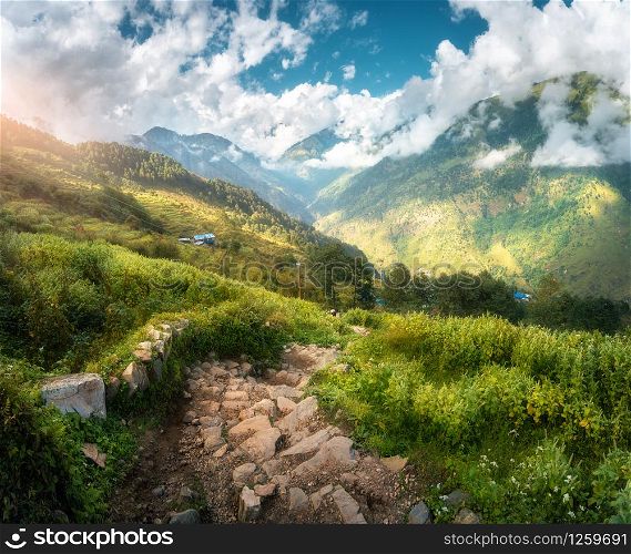 Beautiful stone trail in mountain valley at sunset in spring in Nepal. Landscape with stone steps, green grass, hills with forest, blue cloudy sky with sunlight in the evening. Amazing nature. Travel