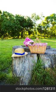 Beautiful straw hat and flowers in a basket stand on a wooden stump. Bright summer picnic