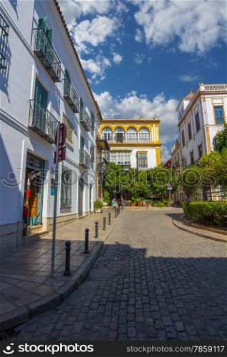 beautiful streets full of typical color of the Andalusian city of Seville, Spain