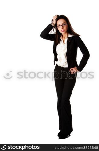 Beautiful stressed burned-out successful Caucasian Hispanic entrepreneur business woman standing, wearing black suit, white ruffled shirt and glasses, hand pulling hair, isolated.