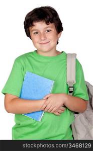 Beautiful student child with backpack isolated on white background