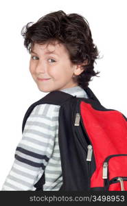 Beautiful student child with heavy backpack isolated on white background