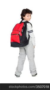 Beautiful student child with heavy backpack isolated on white background