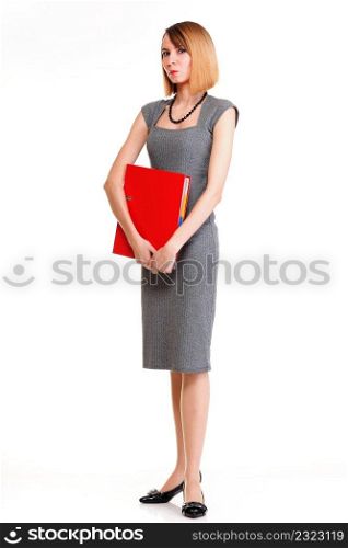Beautiful stylish woman in elegant grey dress isolated white successful business woman red folder