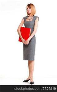 Beautiful stylish woman in elegant grey dress isolated white successful business woman red folder