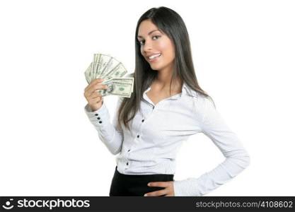 Beautiful success businesswoman holding Dollar notes, isolated on white