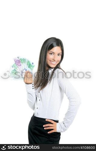 Beautiful sucess businesswoman holding Euro notes isolated on white