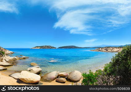 Beautiful summer Aegean Sea coast landscape, Sithonia (near Lagonisi beach), Halkidiki, Greece. High resolution stitch panorama.