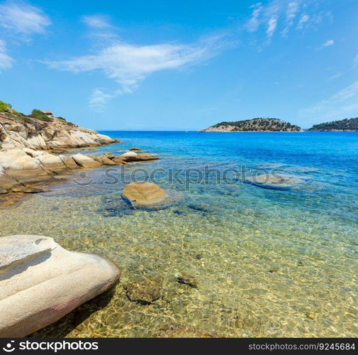 Beautiful summer Aegean Sea rocky coast landscape, Sithonia (near Lagonisi beach), Halkidiki, Greece.