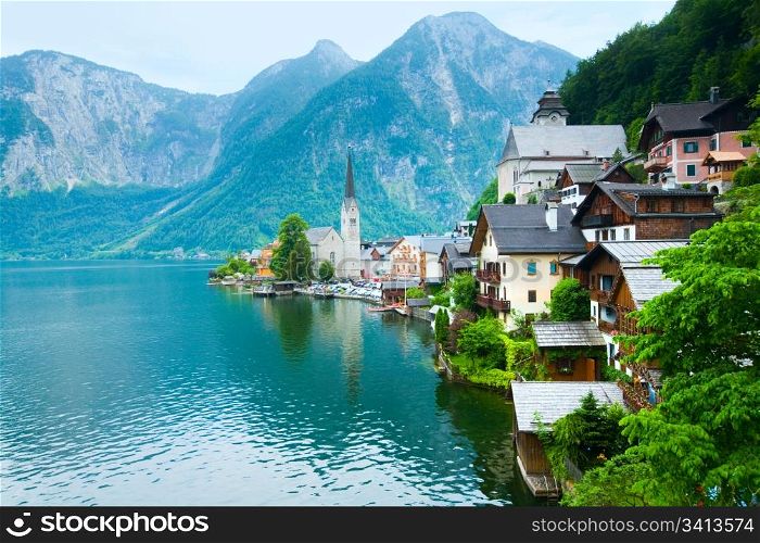 Beautiful summer Alpine Hallstatt Town and lake Hallstatter See view (Austria)