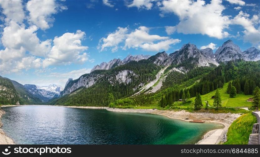 Beautiful summer Alpine lake Gosausee view (Austria). Two shots stitch panorama.
