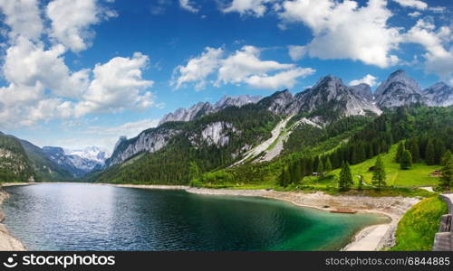 Beautiful summer Alpine lake Gosausee view (Austria). Two shots stitch panorama.