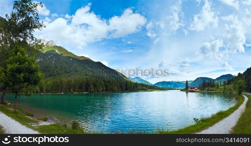 Beautiful summer Alpine lake Pillersee panorama (Austria). Two shots composite picture.