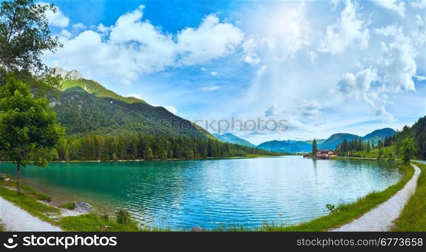 Beautiful summer Alpine lake Pillersee sunshine panorama (Austria). Two shots composite picture.