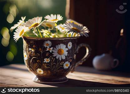 Beautiful summer daisies in a cup. Illustration AI Generative 