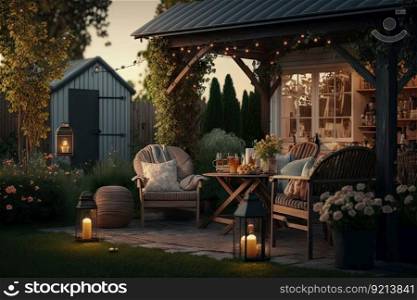 beautiful summer evening in garden with wooden furniture and cozy backyard, created with generative ai. beautiful summer evening in garden with wooden furniture and cozy backyard