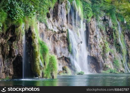 Beautiful summer forest waterfall. Plitvice National Park, Croatia.