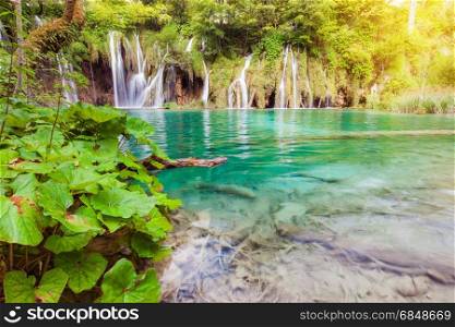 Beautiful summer green forest waterfall. Plitvice National Park, Croatia.