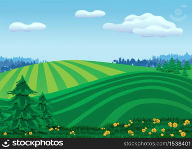 Beautiful summer landscape of a green meadow and blue sky. Glade with green grass and blooming flowers.. Beautiful summer landscape of a green meadow and blue sky.