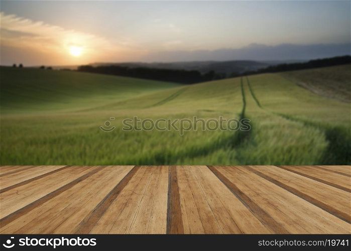 Beautiful Summer landscape of field of growing wheat crop during sunset with wooden planks floor