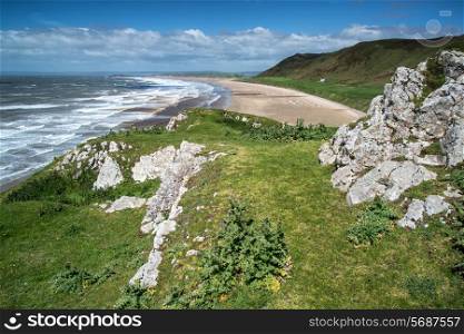 Beautiful Summer landscape of Rhosilli Bay beach in Wales