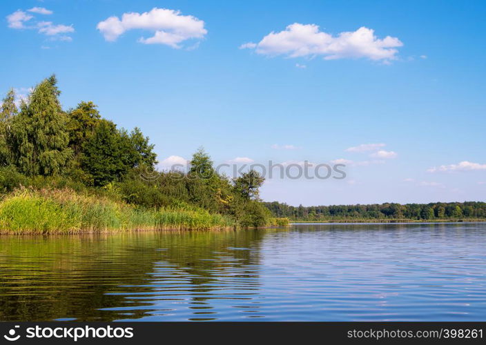 Beautiful summer landscape on the lake, the green grass and blue sky.