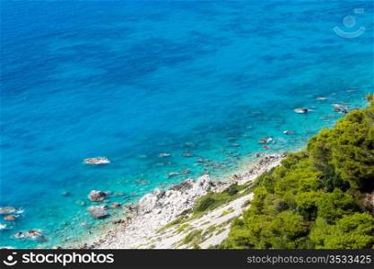 Beautiful summer Lefkada coast beach (Greece, Ionian Sea) view from up