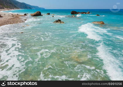 Beautiful summer Lefkada coast stony beach, Greece, Ionian Sea