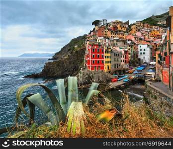 Beautiful summer Manarola - one of five famous villages of Cinque Terre National Park in Liguria, Italy, suspended between sea and land on sheer cliffs. People unrecognizable.