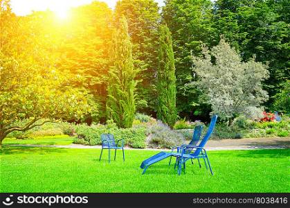 beautiful summer park with lawn and recliner