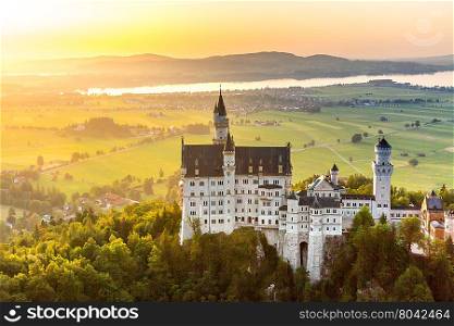 Beautiful summer romantic view of the Neuschwanstein castle at Fussen Bavaria, Germany