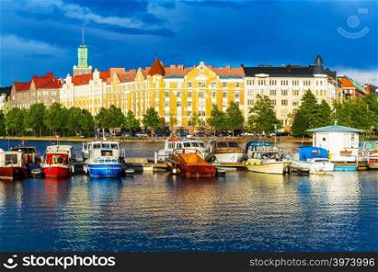 Beautiful summer scenery panorama of the Old Town pier architecture in Helsinki, Finland