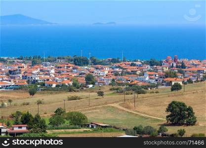 Beautiful summer sea coast view with rural scene (Athos Peninsula, Halkidiki, Greece).