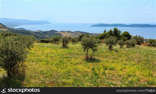 Beautiful summer seascape, view from Athos Peninsula coast (Halkidiki, Greece).