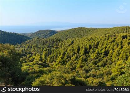 Beautiful summer seascape with wooded coast, view from the Athos Peninsula, Sithonia in mist in background (Halkidiki, Greece).