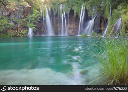 Beautiful summer waterfalls. Plitvice National Park, Croatia.