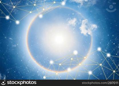 Beautiful sun halo phenomenon with lines and dots wireless connection icons in the sky. Global network connection background concept.