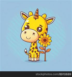 Beautiful sunflower and cute giraffe on a color background. Spring concept. Generative AI