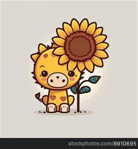 Beautiful sunflower and cute giraffe on a color background. Spring concept. Generative AI
