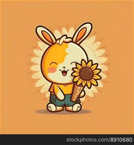 Beautiful sunflower and cute rabbit on a color background. Spring concept. Generative AI